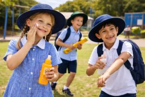 Children playing outdoors with sun protection in Australian summer