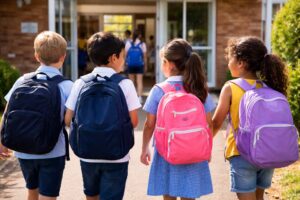 Diverse Australian children walking into school with backpacks