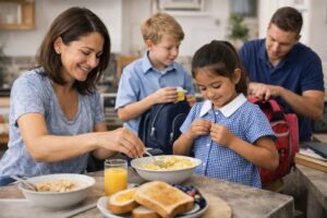 Family morning routine as parents prepare children for school