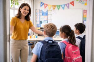 Teacher welcoming students into classroom on first day of school