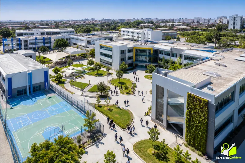 Aerial view of a modern Innova School-inspired campus with academic buildings, green spaces, and sports courts
