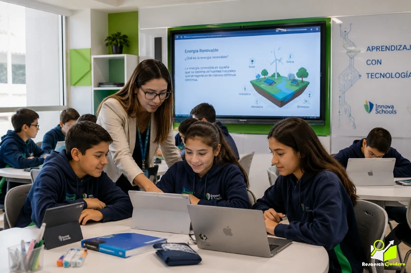 Students using laptops and interactive technology in a modern Innova School-inspired classroom