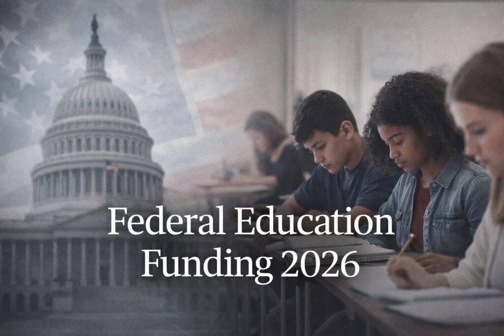 U.S. Capitol and classroom imagery representing federal education funding policy in 2026