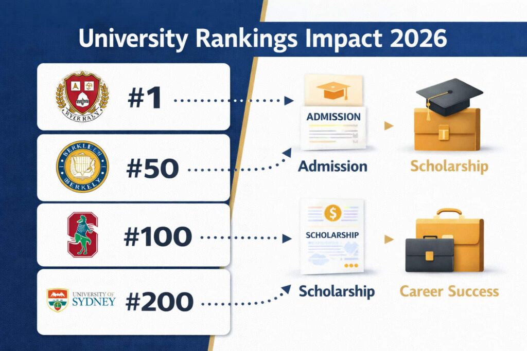 Split screen infographic showing university rankings impact on admission, scholarships and career success 2026