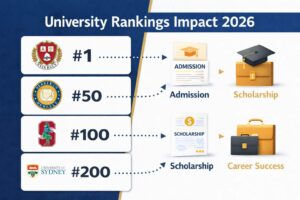Split screen infographic showing university rankings impact on admission, scholarships and career success 2026